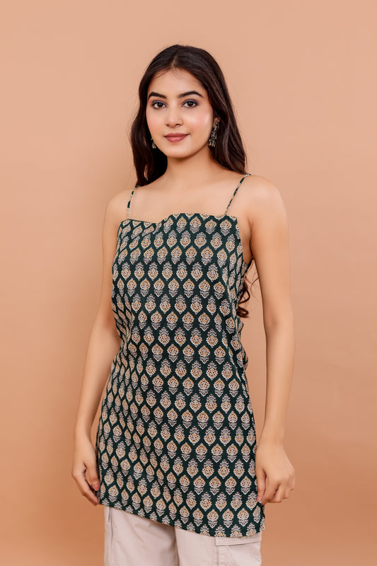 Moorni Olive Block Print Spaghetti Kurti