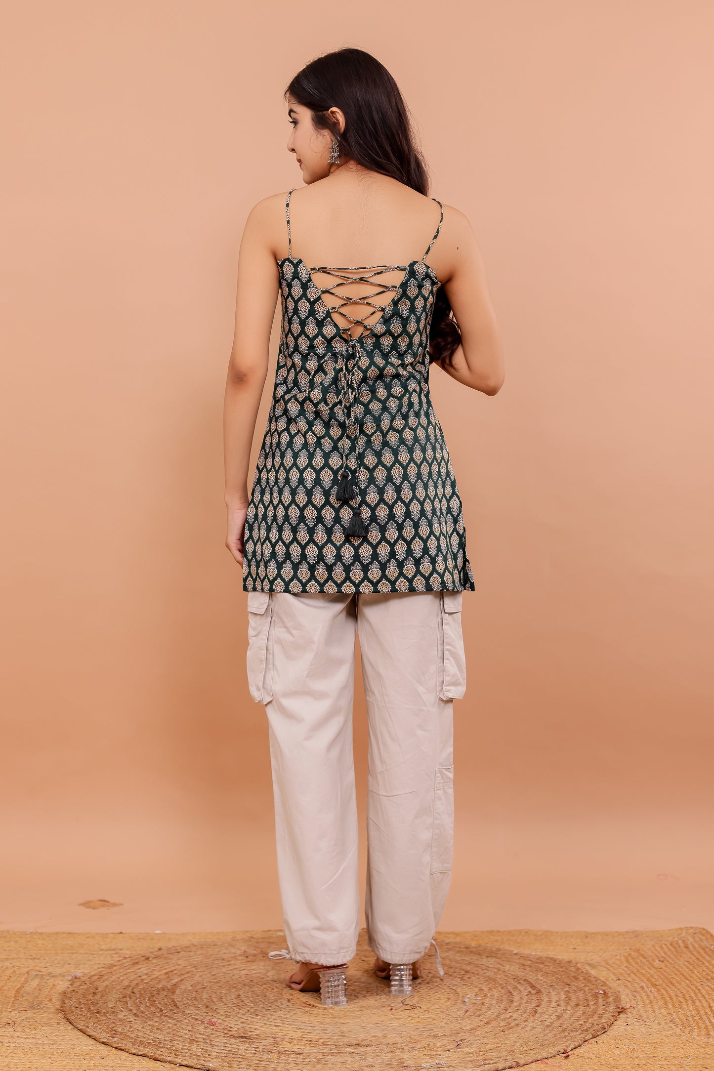 Moorni Olive Block Print Spaghetti Kurti