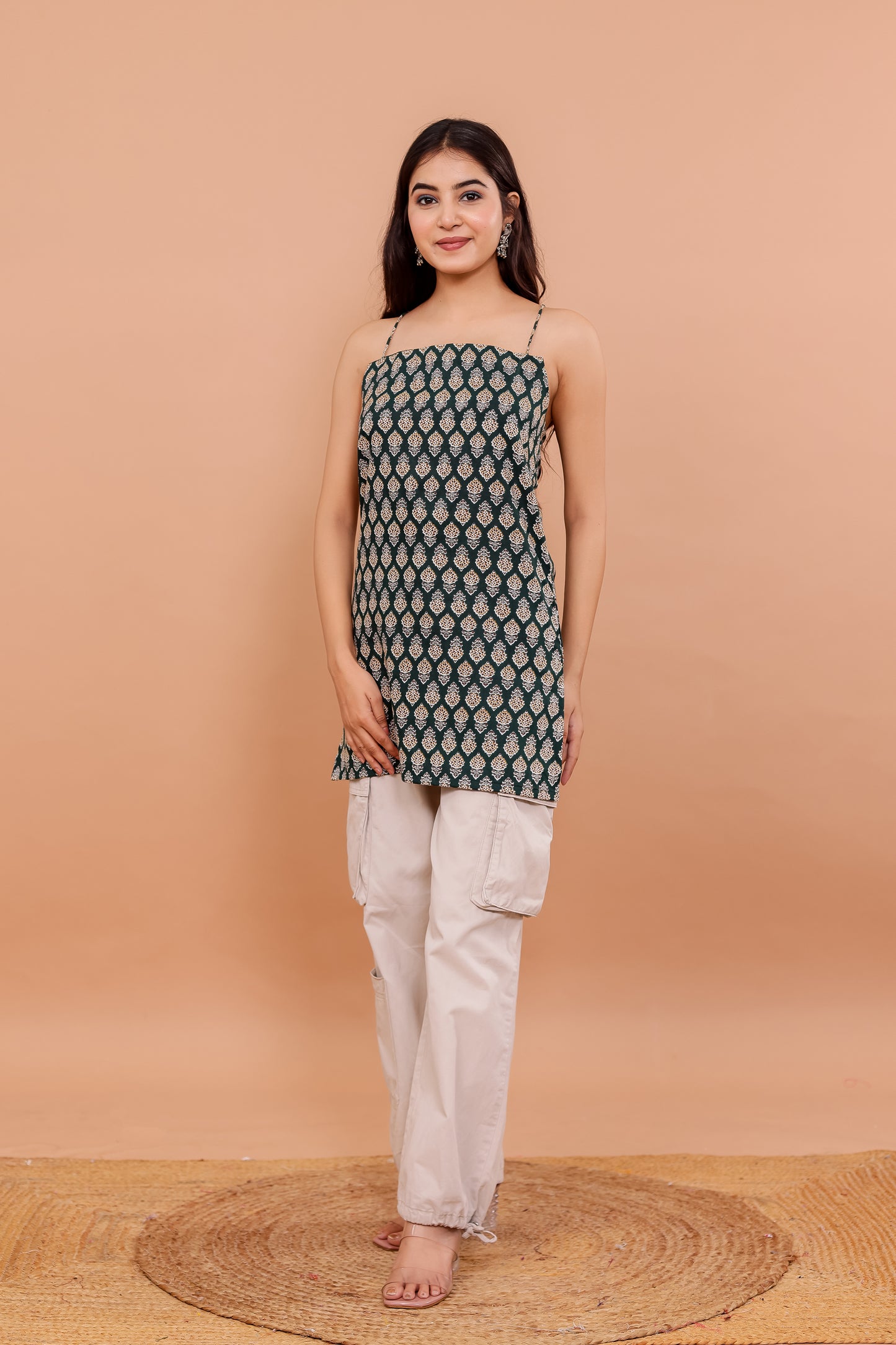 Moorni Olive Block Print Spaghetti Kurti
