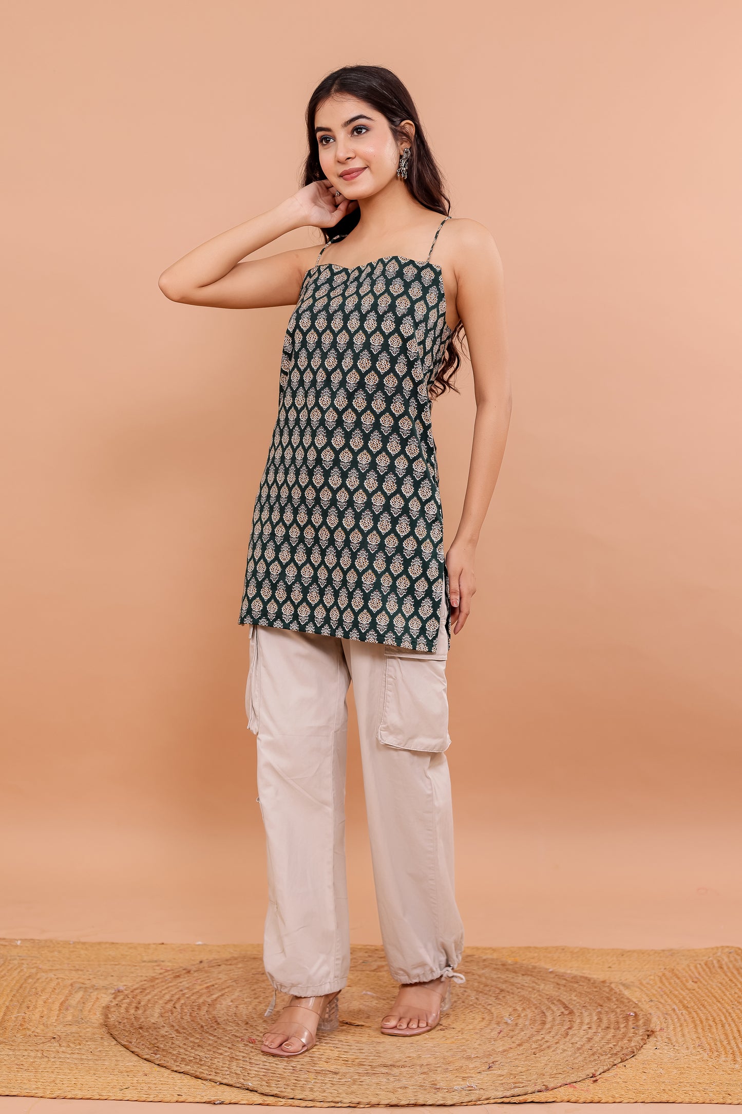 Moorni Olive Block Print Spaghetti Kurti