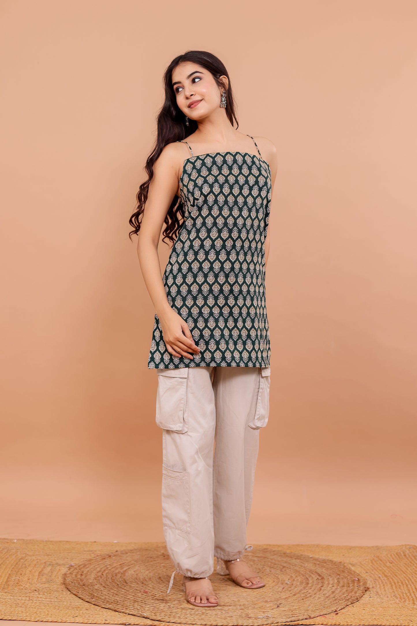 Moorni Olive Block Print Spaghetti Kurti