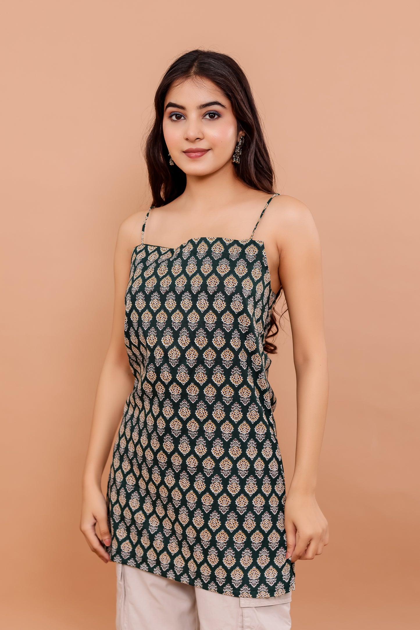 Moorni Olive Block Print Spaghetti Kurti